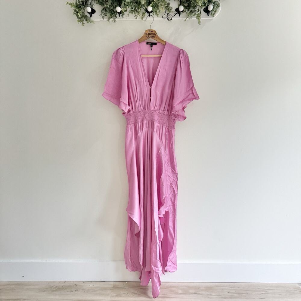 Maje Rachelora Pink Satin V Neck Maxi Dress High Low Hem Size 40 #LS